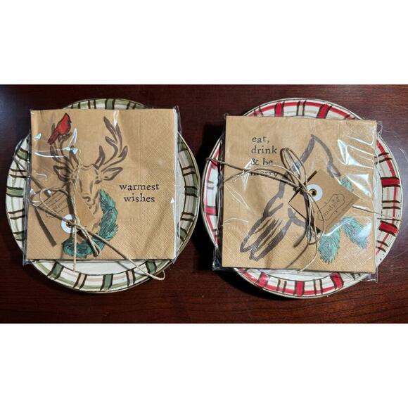NIB Warmest Wishes & Eat Drink Be Merry Lodge App Set Plate W/Pack Kraft Napkins - Picture 1 of 11